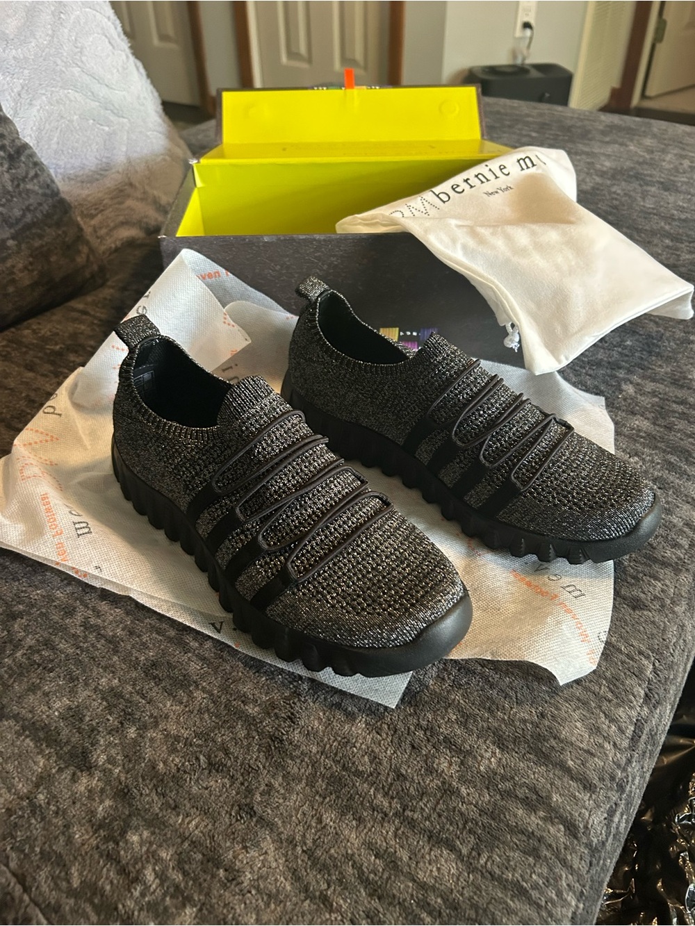 bernie mev. Charcoal Black Knit Slip-On Sneakers